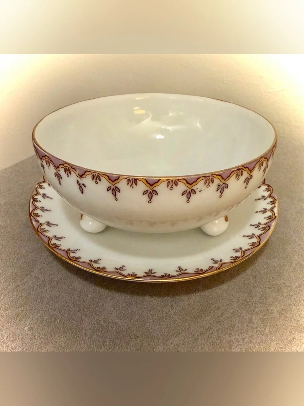 Antique Prussia Erdmann Schlegelmilch Porcelain Bowl & Saucer w/ Gilded Garland